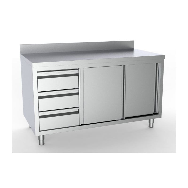 Stainless Steel Base Cabinet with Backsplash - 2 Doors and 3 Drawers on the Left - 1800x700 mm - CombiSteel