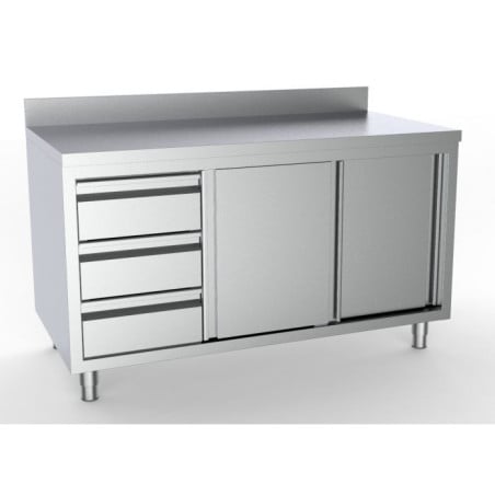 Stainless Steel Base Cabinet with Backsplash - 2 Doors and 3 Drawers on the Left - 1800x700 mm - CombiSteel