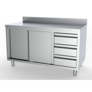 Stainless Steel Base Cabinet with Backsplash - 2 Doors and 3 Drawers - L 1400 x D 700 mm CombiSteel