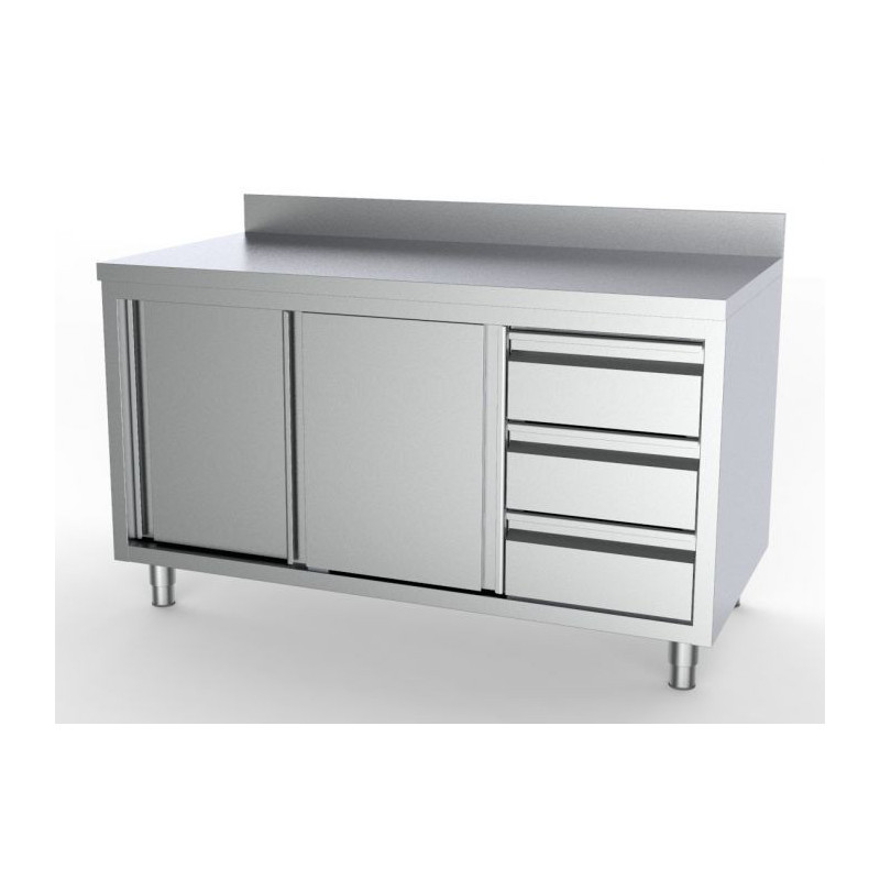 Meuble Inox Bas avec Dosseret - 2 Portes et 3 Tiroirs - L 1400 x P 700 mm CombiSteel