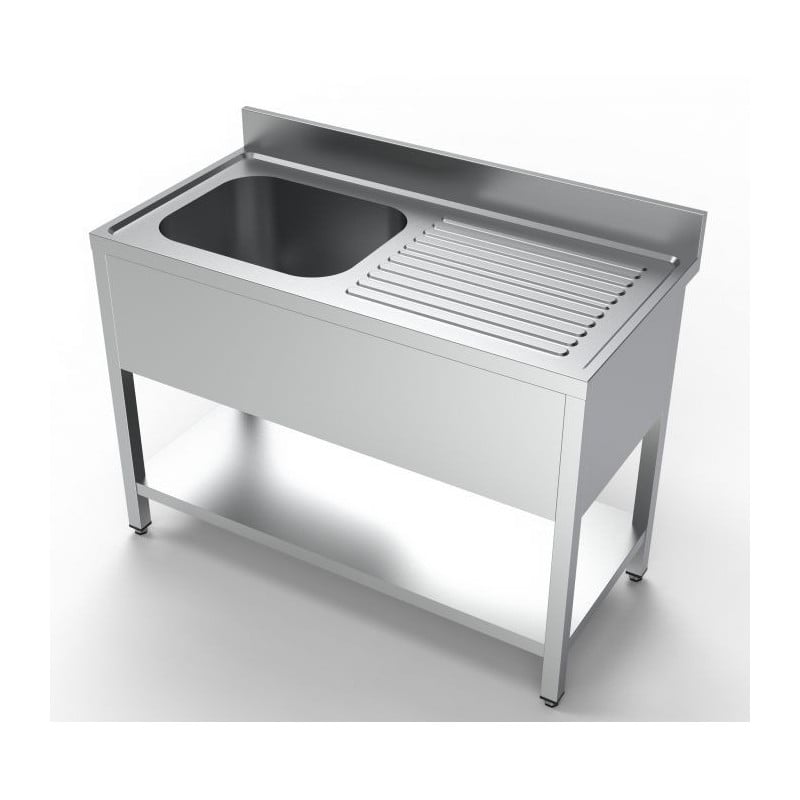 Sink 1 Basin and Drainer on the Right in Stainless Steel AISI 304 - Dimensions 1200 x 600 mm