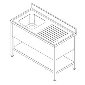 Sink 1 Basin with Right Drainer and Shelf - Dimensions L 1200 x D 600 mm - Stainless Steel, Professional Kitchen