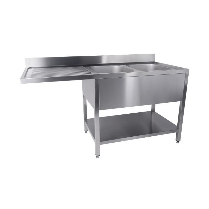 Plonge 2 Bacs Passage Vaatwasser Links Verwijderbare Plank - 1600x700 mm - Inox AISI 304