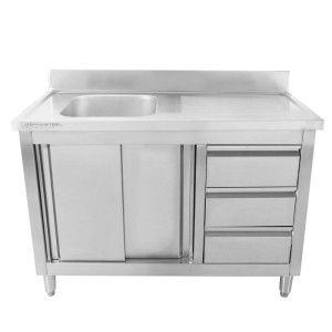 Möbel Spülbecken 1 Becken mit Rückwand und 3 Schubladen - 1200 x 600 mm - Becken links - Dynasteel