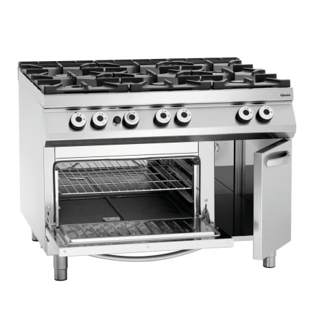 Fornuis met 6 krachtige branders serie 900 - Gasoven GN 2/1 en kast van het merk Bartscher