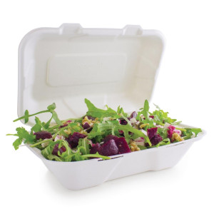 Mahlzeitboxen aus Bagasse mit Scharnierdeckel - L 228mm - Packung mit 200 - Vegware