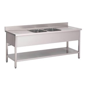 Edelstahl-Tauchbecken mit niedrigem Regal 2 Becken in der Mitte - B 2000 x T 700 mm - Gastro M