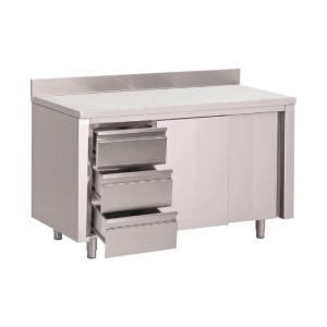 Tafel Kast in Roestvrij Staal met Achterwand 3 Laden Rechts en Schuifdeuren - L 1200 x D 700mm - Gastro M
