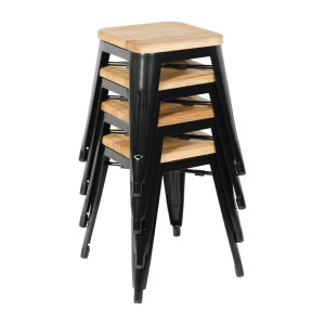 Zwarte Stalen Bistro Barkrukken met Houten Zitting - Set van 4 - Bolero