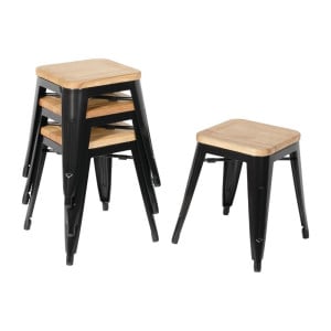 Zwarte Stalen Bistro Barkrukken met Houten Zitting - Set van 4 - Bolero