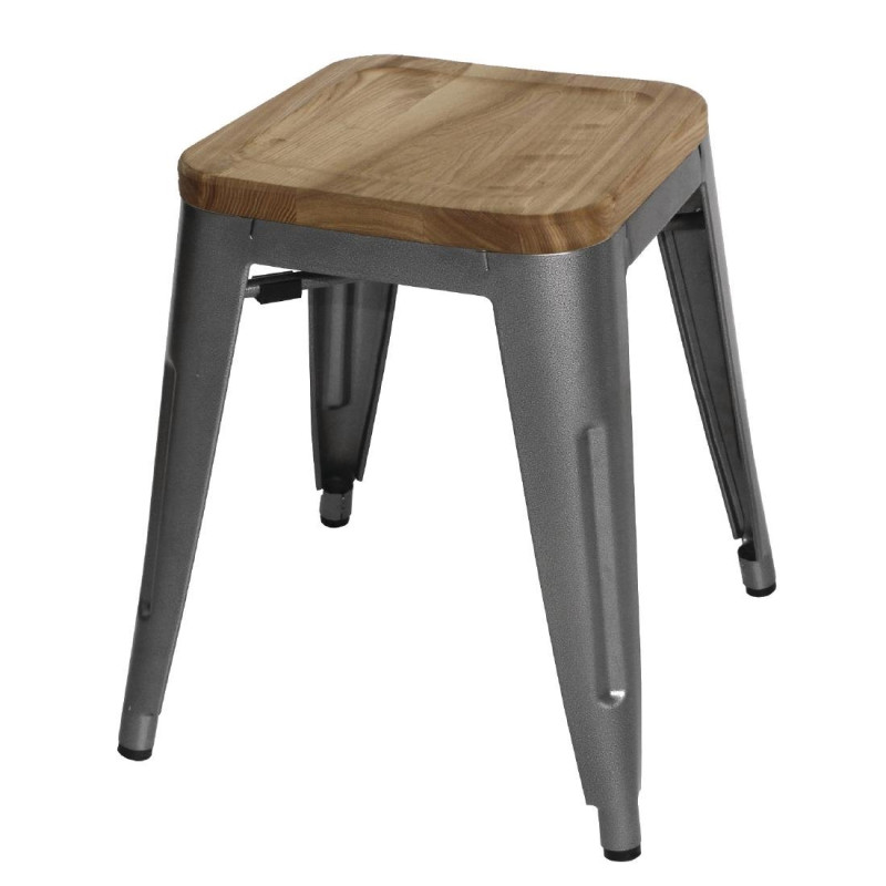 Grijze metalen lage bistrokrukken met houten zitting - Set van 4 - Bolero Grijze metalen lage bistrokrukken met houten zitting - Set van 4 - Bolero