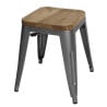 Low Bistro Stools in Grey Metal Steel with Wooden Seat - Set of 4 - Bolero