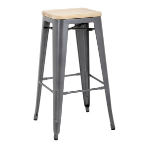 High Bistro Stool in Grey Steel with Wooden Seat - Set of 4 - Bolero