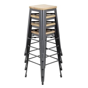 Hoge Bistro Kruk van Grijs Staal met Houten Zitting - Set van 4 - Bolero