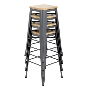 Tabouret Bistro Haut en Acier Gris avec Assise en Bois - Lot de 4 - Bolero