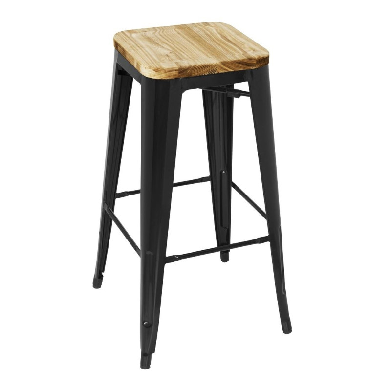 High Black Steel Bistro Stool with Wooden Seat - Set of 4 - Bolero