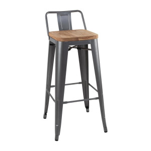 High Stools with Backrest and Wooden Seat - Metallic Grey - Set of 4 - Bolero