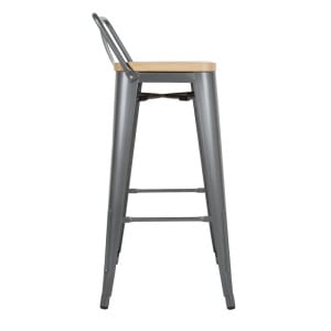 High Stools with Backrest and Wooden Seat - Metallic Gray - Set of 4 - Bolero
