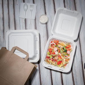 Compostable hinged lid boxes made of Bagasse 236mm - Pack of 200