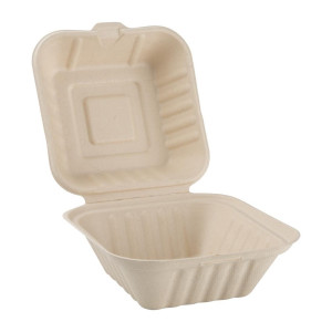 Biologisch afbreekbare hamburgerdozen van natuurlijke bagasse 152 mm - Set van 500 - Ecologie en handigheid in de professionele 