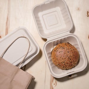 Kompostierbare Hamburgerboxen aus natürlicher Bagasse 152 mm - Packung mit 500 Stück - Ökologie und Praktikabilität in der profe