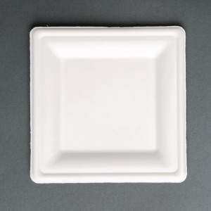 Teller aus kompostierbarem Bagasse in quadratischer Form 159mm - Packung mit 50