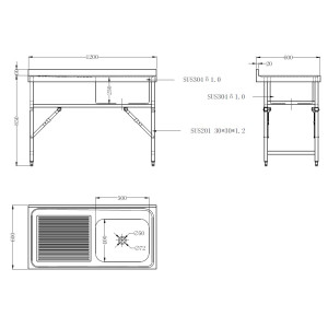 Folding Sink 1 Basin and Drainer on the Left with Backsplash - L 1200 x P 600 mm - CombiSteel