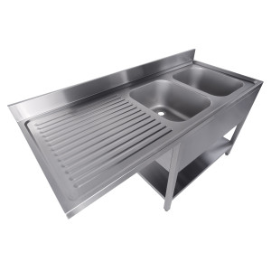 2 Sink Basins Dishwasher Passage Left Removable Shelf - 1600x700 mm - Stainless Steel AISI 304