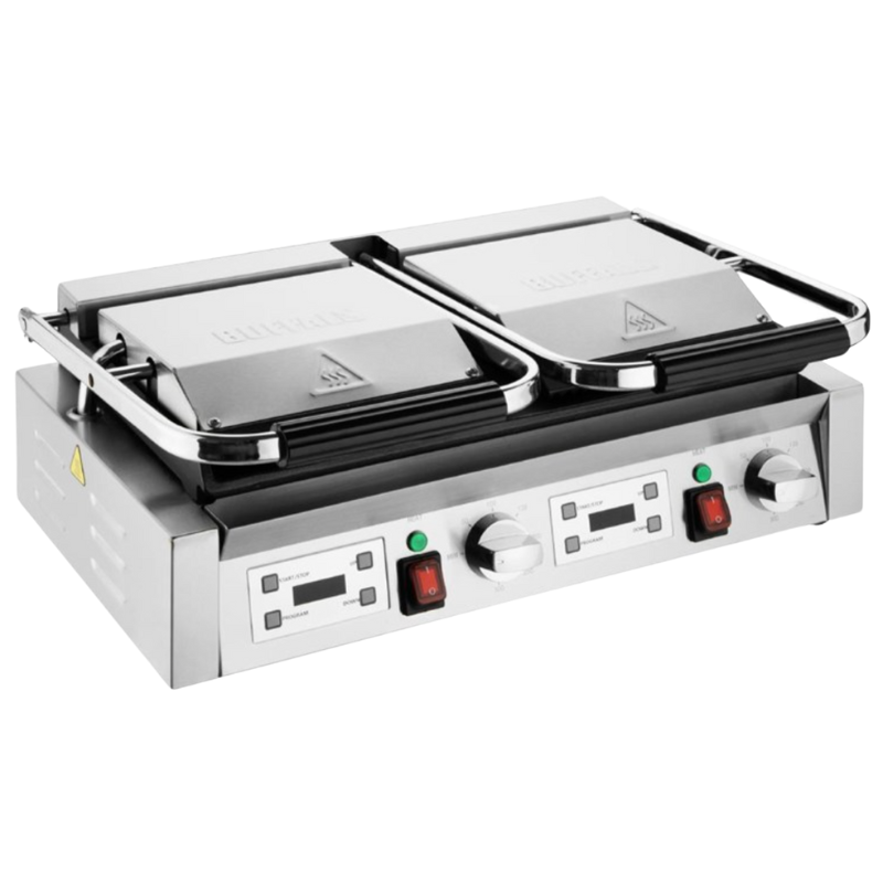 Doppelkontaktgrill mit gerillten Platten Doppelkontaktgrill mit gerillten Platten