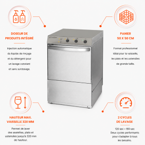 Lave-Vaisselle Professionnel avec Doseur de Liquide de Rinçage et Détergent - 50 x 50 cm
