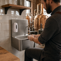 Edelstahl-Handwaschbecken mit Kniebedienung, Rückwand und Seife