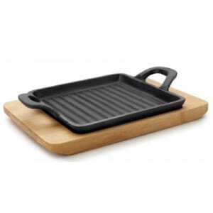 Mini Plancha Grill Rainurée avec Base Bois - 19,5 x 14 cm Lacor