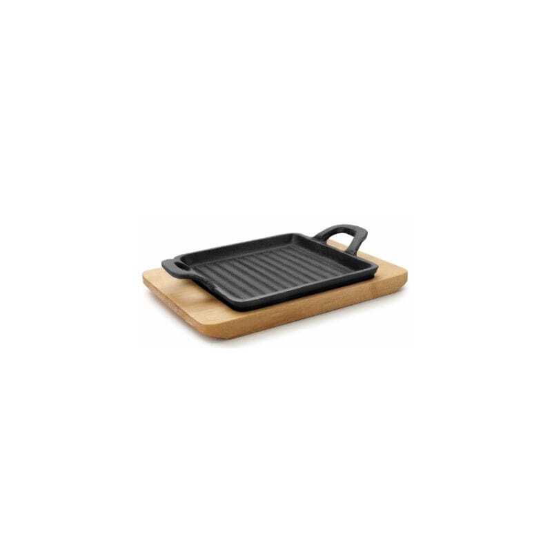 Mini Plancha Grill Rainurée avec Base Bois - 19,5 x 14 cm Lacor