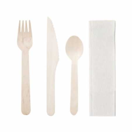 Bestek van berkenhout - 4-delige set: mes, vork, lepel, servet - Set van 250