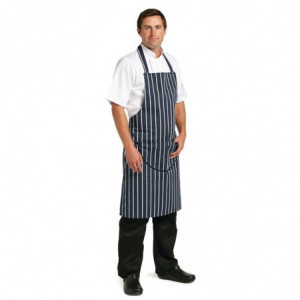 Schürze mit Latz und Tasche, gestreift in Marineblau und Weiß, 965 x 710 mm - Whites Chefs Clothing - Fourniresto