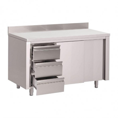 Stainless Steel Cabinet Table With Backsplash 3 Drawers On The Left And Sliding Doors - W 1000 x D 700mm - Gastro M