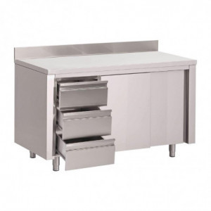 Tafel Kast in Roestvrij Staal met Achterwand 3 Laden Rechts en Schuifdeuren - L 1200 x D 700mm - Gastro M