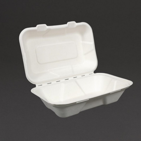 Maaltijdboxen van bagasse met scharnierend deksel - L 228mm - Set van 200 - Vegware