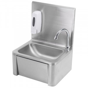 Edelstahl-Handwaschbecken mit Kniebedienung, Rückwand und Seife