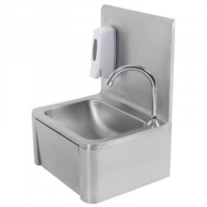 Edelstahl-Handwaschbecken mit Kniebedienung, Rückwand und Seife