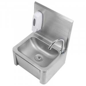 Edelstahl-Handwaschbecken mit Kniebedienung, Rückwand und Seife
