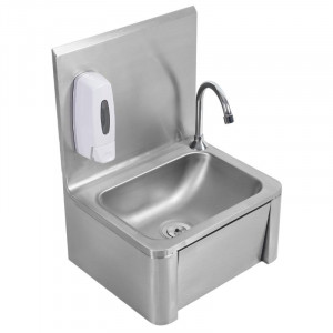 Edelstahl-Handwaschbecken mit Kniebedienung, Rückwand und Seife