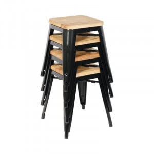 Zwarte Stalen Bistro Barkrukken met Houten Zitting - Set van 4 - Bolero