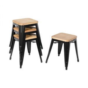 Zwarte Stalen Bistro Barkrukken met Houten Zitting - Set van 4 - Bolero