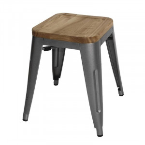 Grijze metalen lage bistrokrukken met houten zitting - Set van 4 - Bolero