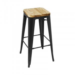 Schwarzer Bistro-Hocker aus Stahl mit Holzsitz - 4er-Set - Bolero