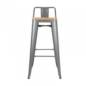 High Stools with Backrest and Wooden Seat - Metallic Gray - Set of 4 - Bolero