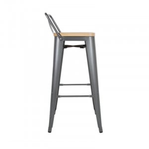 High Stools with Backrest and Wooden Seat - Metallic Gray - Set of 4 - Bolero
