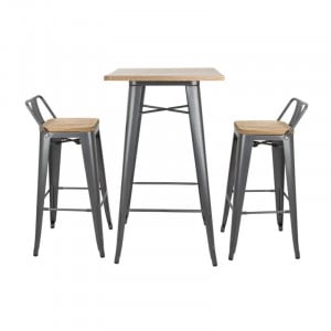 High Stools with Backrest and Wooden Seat - Metallic Gray - Set of 4 - Bolero