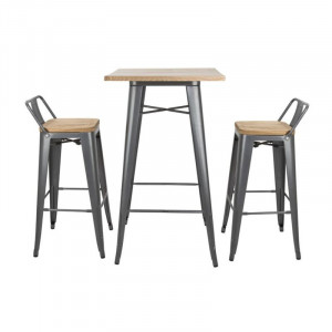 Hohe Hocker mit Rückenlehne und Sitz aus Holz - Metallisches Grau - 4er-Set - Bolero